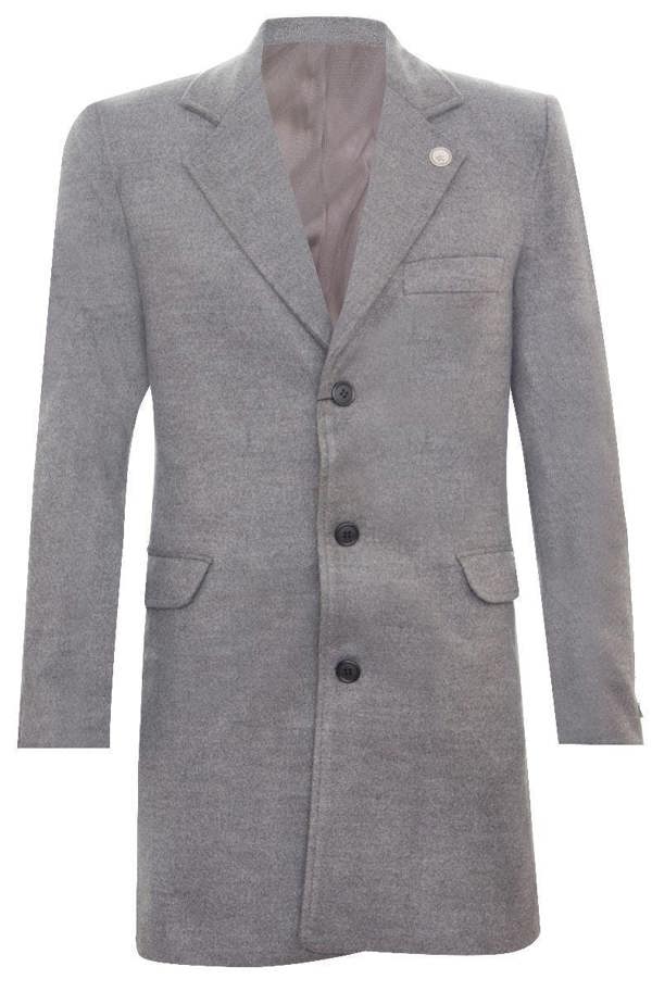 TruClothing Men's Long Grey Wool Slim Fit Overcoat
