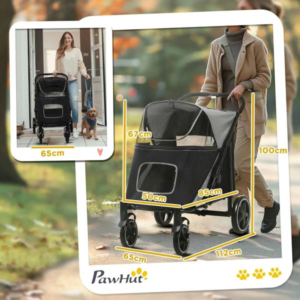 Black pet stroller with mesh windows and canopy, shown with foldable frame