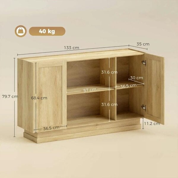 Sideboard Buffet Cabinet, 133 cm Storage Cabinet with 2 Open Shelves, 2 Cupboards and Soft Close Doors, Natural