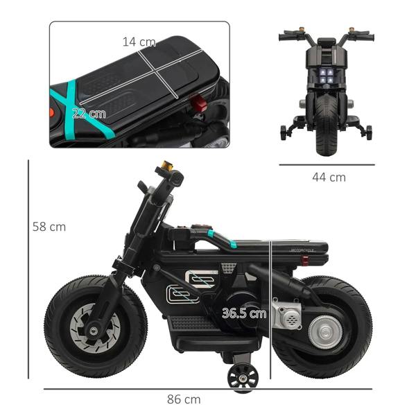 Black kids electric motorbike side view with training wheels and square LED headlights