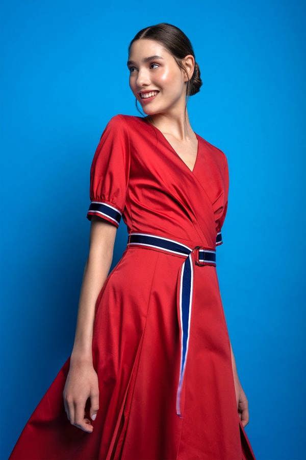 Rumour London Jennifered red flared cotton poplin dress with slits