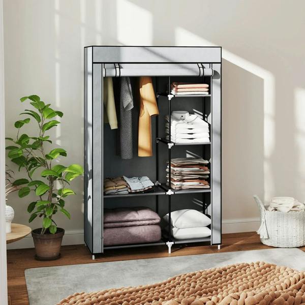 Light grey fabric wardrobe with open doors, hanging rail, and stacked folded items