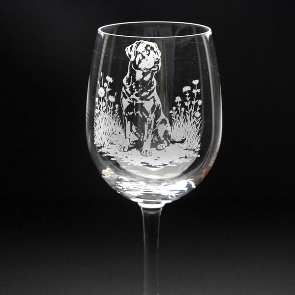 Glyptic Glass Art Rottweiler Dog Crystal Wine Glass - Hand Etched/Engraved Gift
