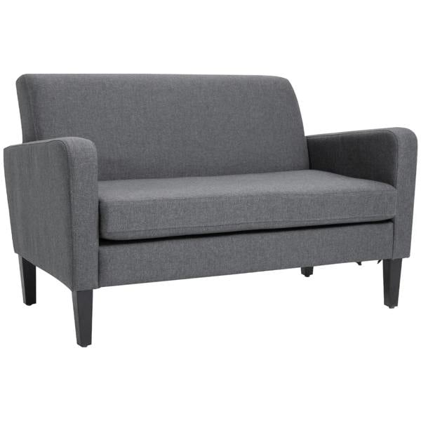 Charcoal grey two-seat sofa with thick cushions and curved armrests