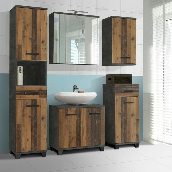Furniture To Go Veris Tall Narrow Bathroom Cupboard with 2 Doors & 1 Drawer in Walnut and Dark Grey
