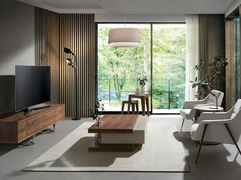 Angel Cerdá Triangular Corner Table in Tempered Glass and Walnut 2106