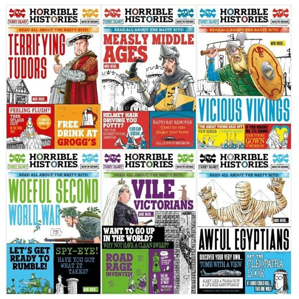 Horrible Histories 6 Book Set (Awful Egyptians, Vicious Vikings, Measly Middle Ages, Terrifying Tudors, Vile Victorians, Woeful Second World War)