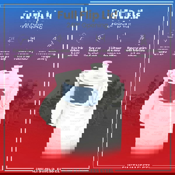 A white, slim stainless steel water bottle with a 240° flip lid is shown against a red background featuring blurred images of football players. The lid folds back completely, providing a clear line of sight and sits away from the face. The bottle is labeled “TEXANS” and “BATTLE RED”.