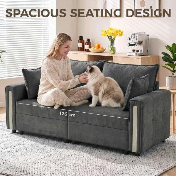 Bobobiy 2 Seater Sofa with Lift-Up Storage, 168 cm Comfy Velvet Small Couch with Wide Deep Seat, Plush Backrest, Thick Padding, 2 Pillows, Dark Grey