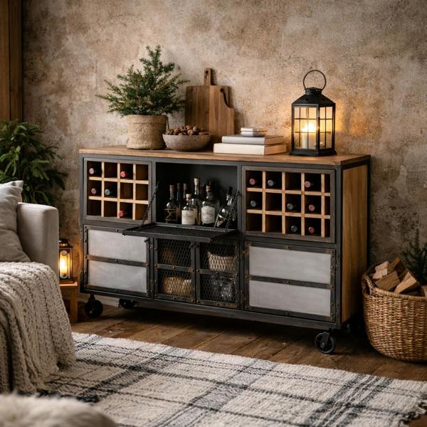 Wyld Haus Hanko Industrial Reclaimed Wood and Metal Wine Storage Cabinet
