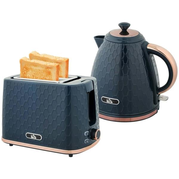 Blue electric kettle and 2-slice toaster set with textured finish and rose-gold accents
