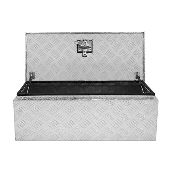 Aluminium tool box 60L in silver with a diamond plate texture, featuring a sturdy latch and spacious interior for tools and equipment