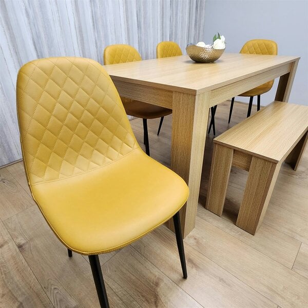 Kosy Koala Wooden Dining Table Set for 6 Oak Effect Table With 4 Mustard Gem Patterned  Chairs and 1 Bench