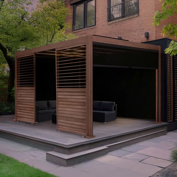 Wood effect aluminium pergola with blinds, side panels, and LED lights, featuring a modern design and cozy seating area