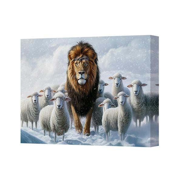 Benjamin Tate Design Winter Lion Leading a Flock of Sheep Canvas Wall Art