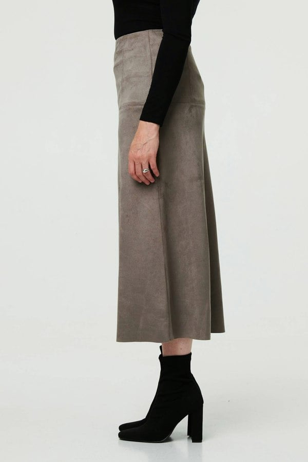 Grey | Faux Suede A-Line High Waist Midi Skirt
