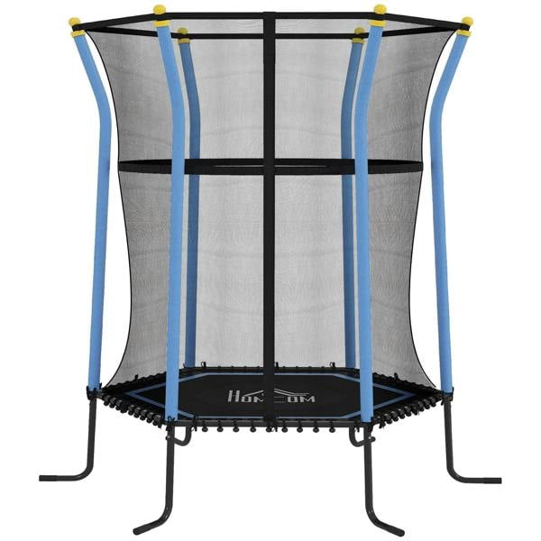 Kids mini trampoline bouncer with blue safety enclosure net and black frame