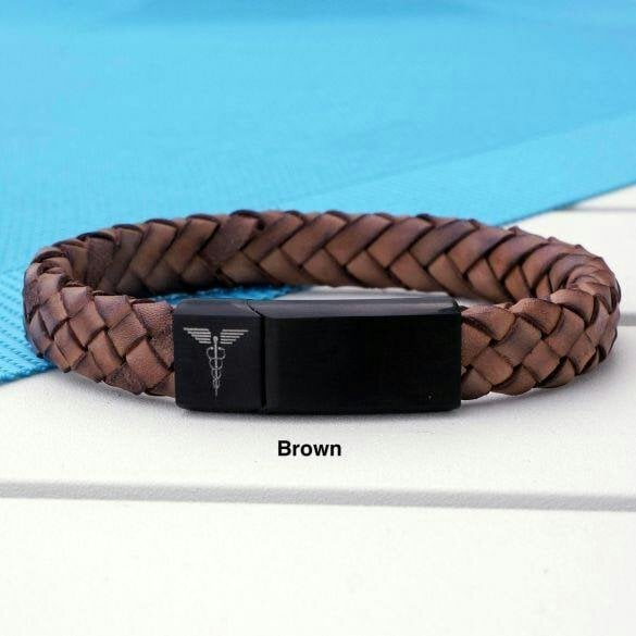 Christopher James of London Unisex Leather and Stainless Steel Medic Bracelet with Free Engraving - Brown