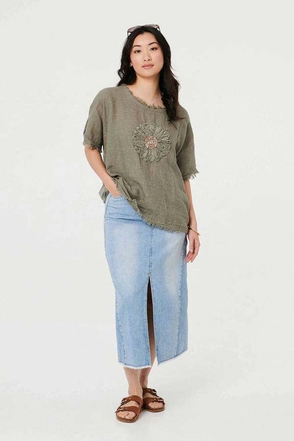 Grey | Frayed Edge Floral Embellished Top