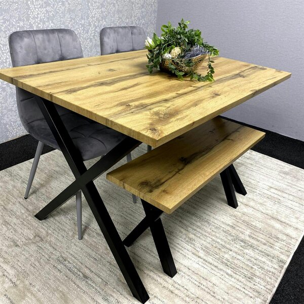 Kosy Koala Modern Dining Table Set with 2 Grey Velvet Chairs And Wooden Bench Dining Room Furniture