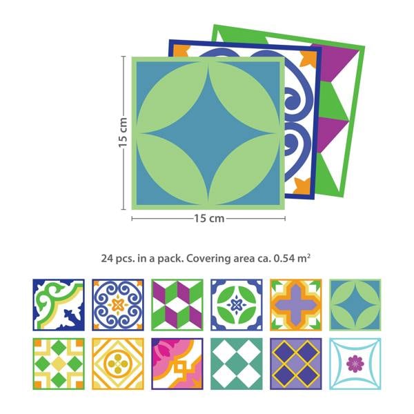 WALPLUS WT1533 - Classic Spanish Colourful Mixed Tiles Wall Stickers Set 1 - 15 x 15 cm (6 x 6 inches) - 24 pcs.