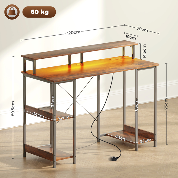 LED Computer Desk, with Power Outlets and Shelves - Rustic Brown