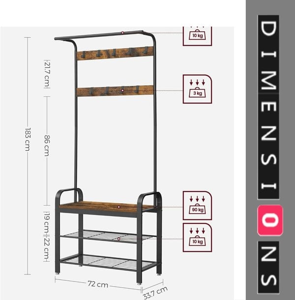 Modcraft Industrial 4-in-1 Coat Rack with Shoe Bench – Hallway Clothes Stand with 9 Hooks