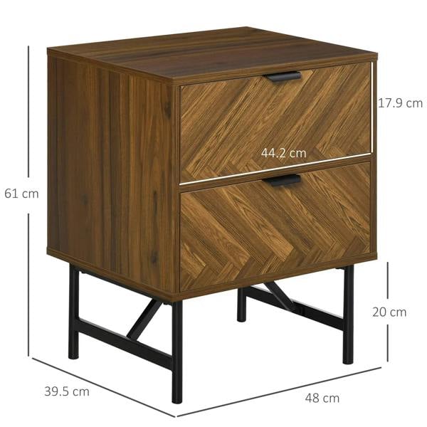 Walnut brown bedside table with two drawers, black handles, and four angled legs