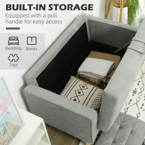 Wyld Haus Pamo Fabric Light Grey Compact 2 Seater Sofa With Hidden Storage Tufted Seat And Wooden Legs