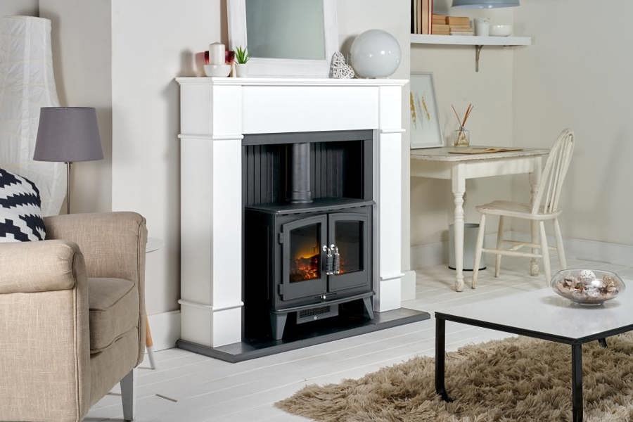 Adam Oxford Stove Fireplace in Pure White with Woodhouse Electric Stove, 48 Inch