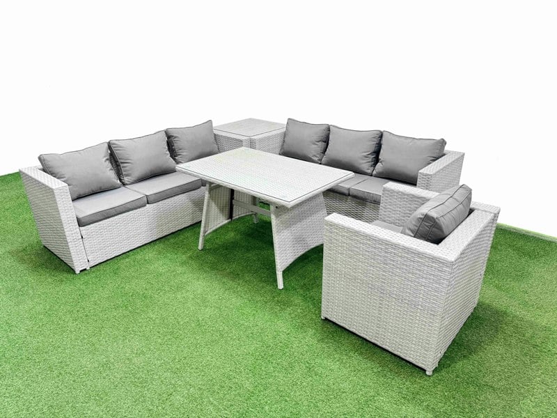 Fimous Outdoor Rattan Garden Furniture Dining Set 7 seater Patio Rectangular Table 3 Seater Sofa Armchair Set with Side Table