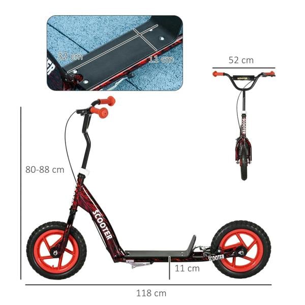 Red and black kids kick scooter shown with frame and wheel size measurements