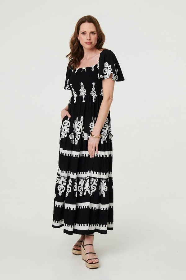 Black | Ikat Print Short Angel Sleeve Maxi Dress
