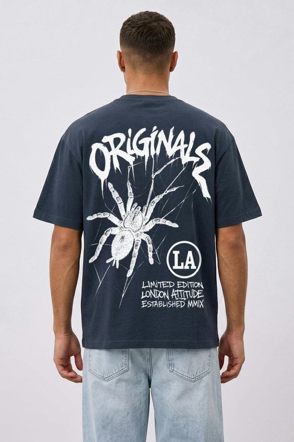 London Attitude Originals Oversized Heavyweight Spider Graphic T-Shirt - Blue Dusk