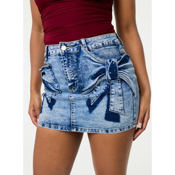 Pink Vanilla Diamante Bow Denim Mini Skirt