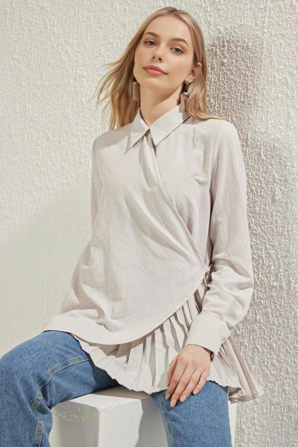 WOVCOR Double-Breasted Woven Shirt with  Pleated Detail