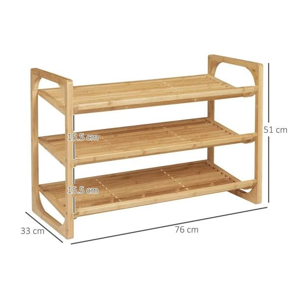 3-tier bamboo shoe rack with slatted shelves, natural wood freestanding design
