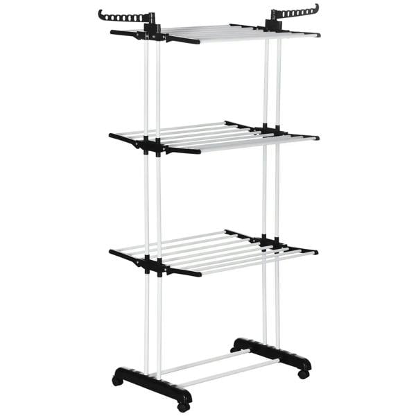 Black 4-tier foldable clothes drying rack with pull-out shelves and wheels