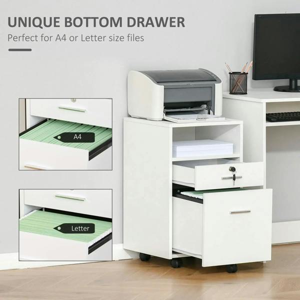White filing cabinet with open drawers for A4 and Letter file sizes