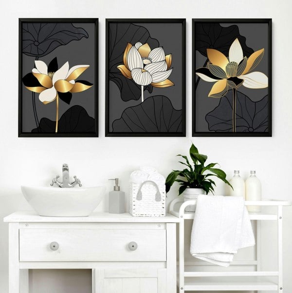 Bathroom decor black and Gold | set of 3 framed wall art