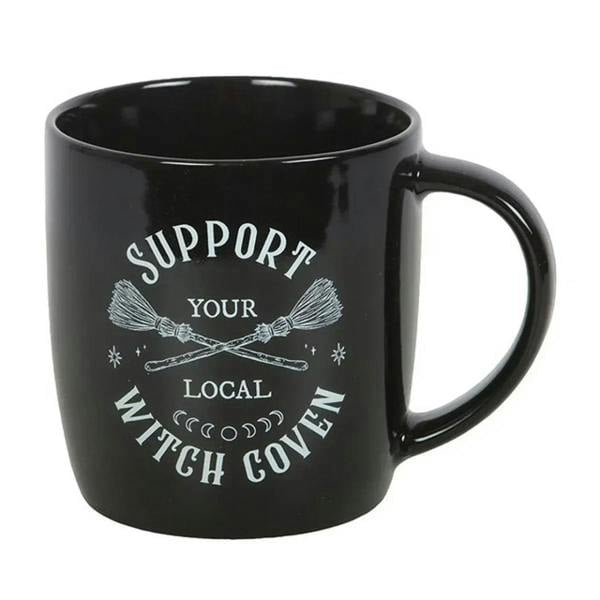 Black ceramic mug with 'Support Your Local Witch Coven' text and side handle