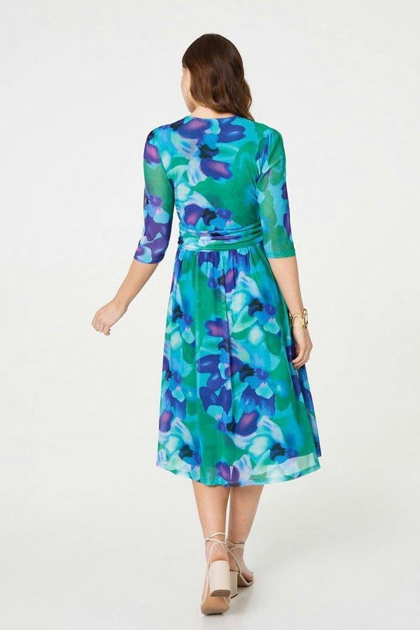Blue | Printed Short Sleeve Pleated Wrap Midi Dress