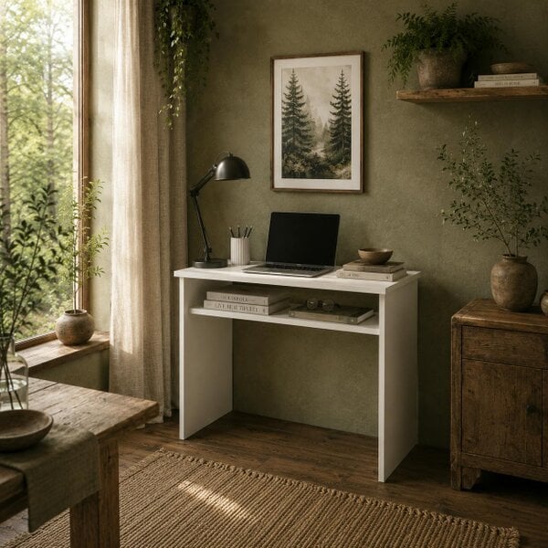 Wyld Haus Doha 90cm Wooden White Wood Grain Compact Study Desk With Storage Shelf