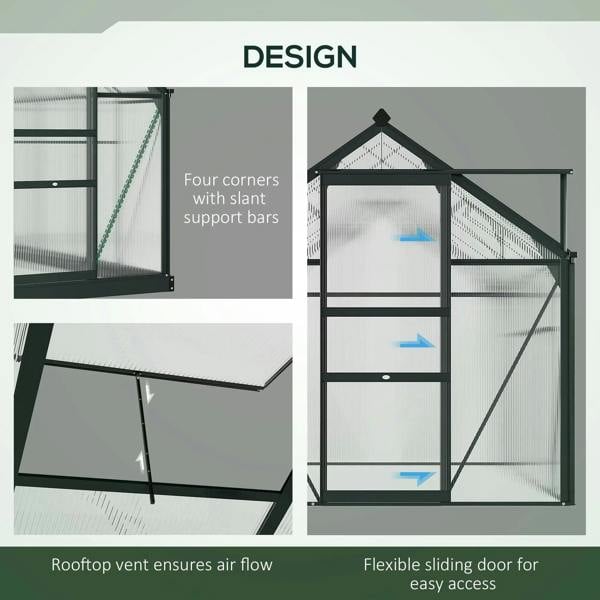 Grey greenhouse with clear polycarbonate panels, flexible sliding door, and roof vent