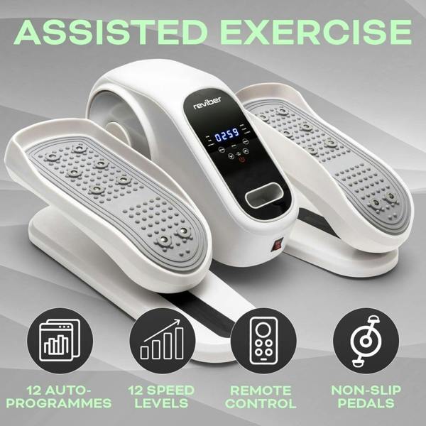 The Reviber Motorised Mini Elliptical Bike by Reviber is a compact white mini elliptical with non-slip foot pedals, digital display, 12 auto-programmes, 12 speed levels, remote control—ideal for seated, low-impact leg exercise. "Assisted Exercise" is written at the top.