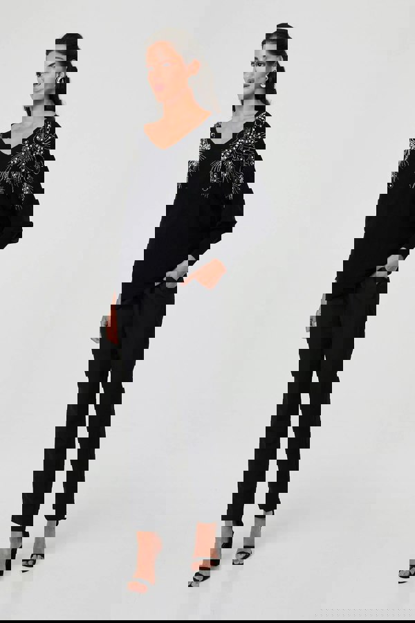 Black | Sparkly Embellished V-Neck Jumper
