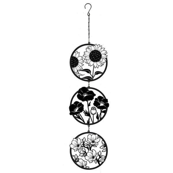 EDH Door Hardware Black Floral Silhouette Hanging Trio Spinner – 60cm x 15cm | Metal Kinetic Wind Spinner for Garden & Home
