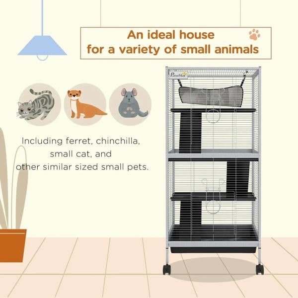 Light grey small animal wire cage with ramps, platforms, and hammock, on caster wheels