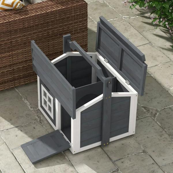 Grey rabbit hutch with side door open and front ramp out, white frame trim