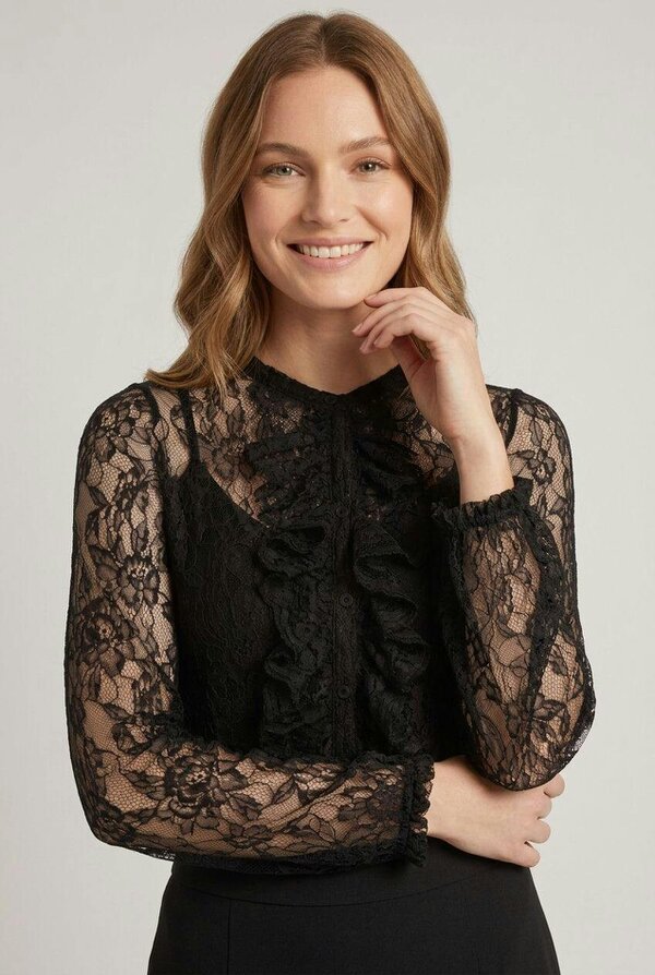 Izabel London Semi Sheer Lace Ruffle Front Blouse